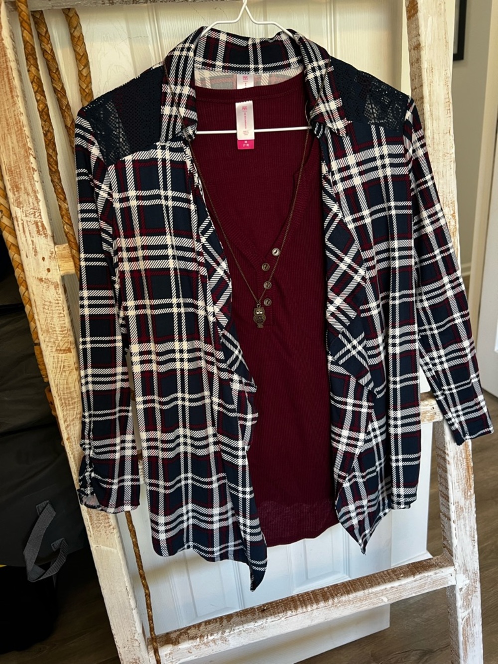 No Boundaries Burgundy Ribbed Tank with Navy Plaid Cardigan